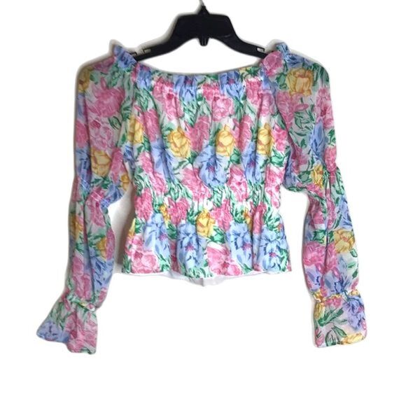 WAYF off the shoulder floral bright lightweight ladies blouse small cute y2k - Picture 2 of 12